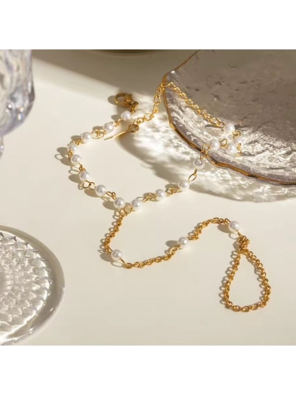 Anthropologie 18K Gold Stainless Steel Waterproof Pearl Finger Bracelet